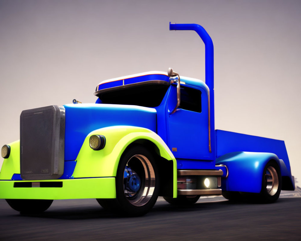 Classic Blue and Green Semi-Truck with Large Exhaust Pipe on Empty Road