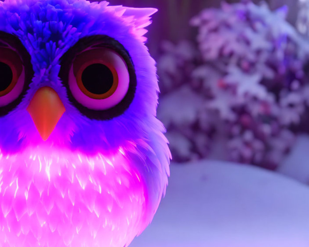 Colorful illuminated toy owl in bright purple and pink hues on soft-focus background.