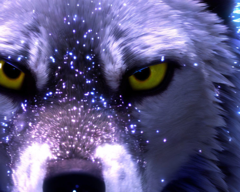 Digital art of wolf with cosmic texture and yellow eyes