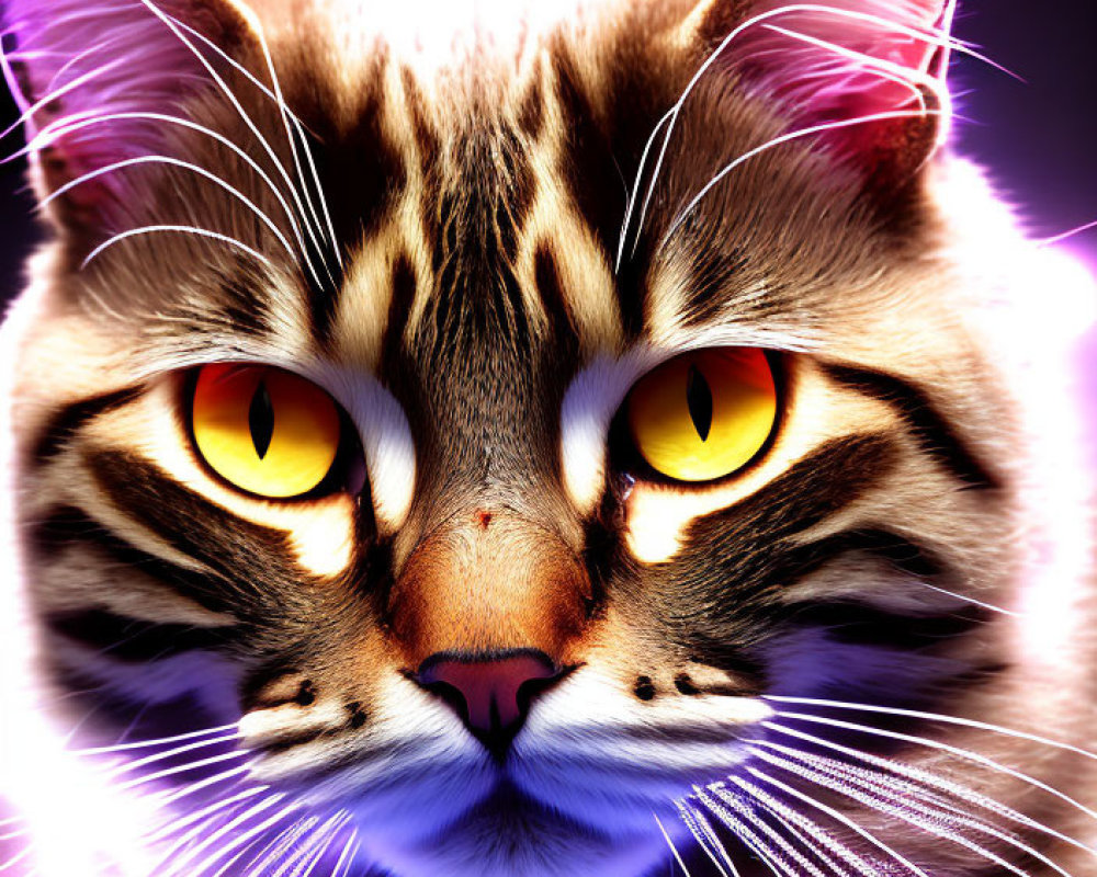 Close-up of cat with yellow eyes and tabby coat under purple and pink lighting