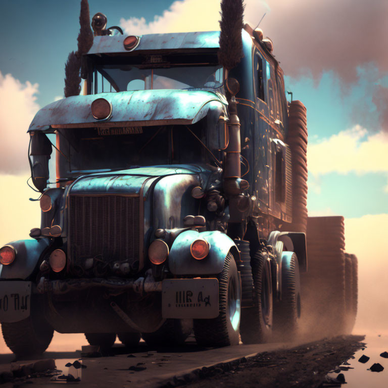 Rusty blue truck with oversized wheels in barren landscape