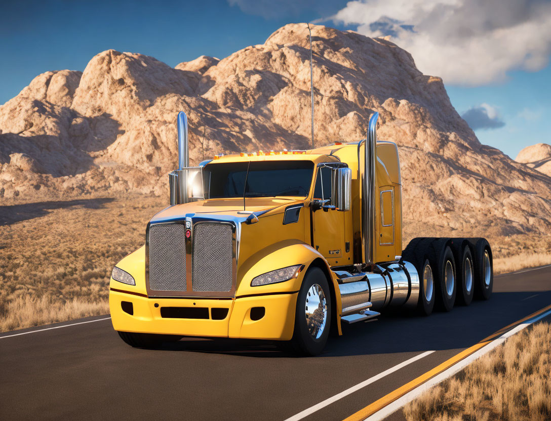 Yellow Semi-Truck with Chrome Details Driving in Desert Landscape