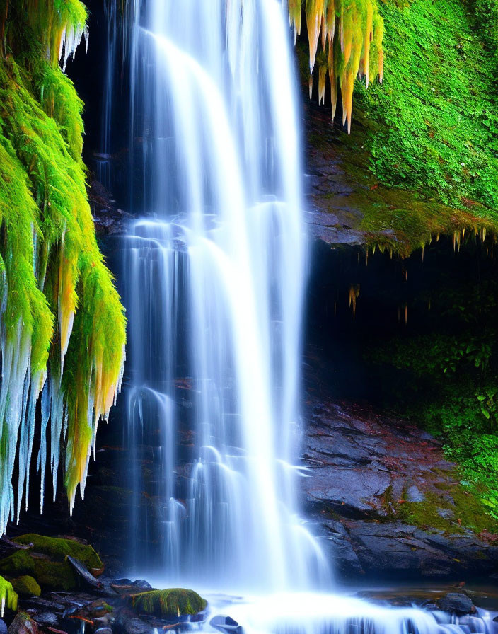 Scenic waterfall over mossy rocks in lush green setting