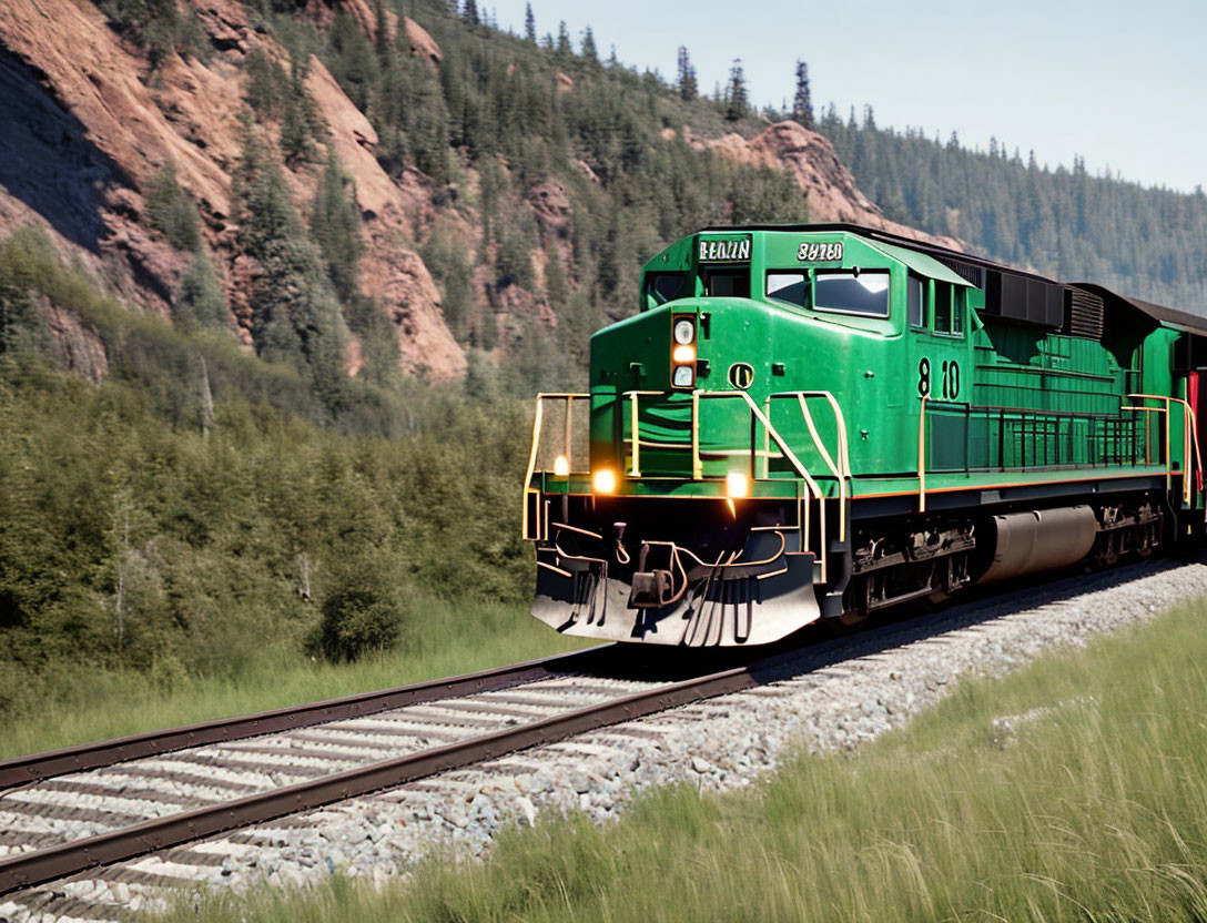 Green diesel locomotive on railway through scenic landscape