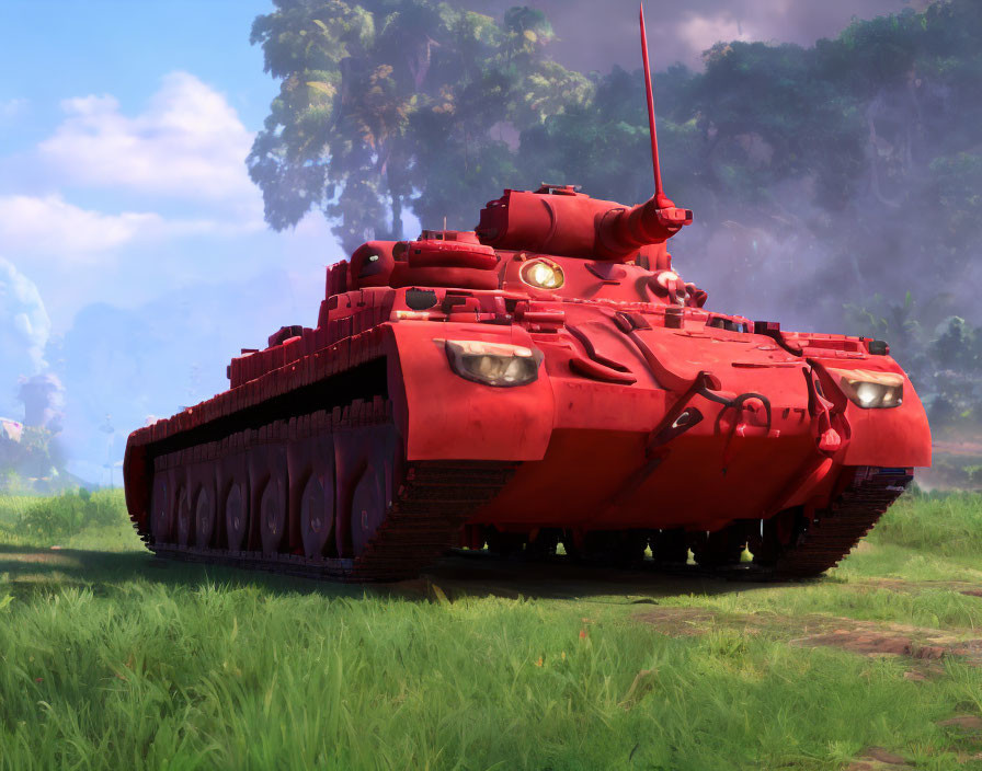 Stylized red tank with headlights and flag in lush green landscape