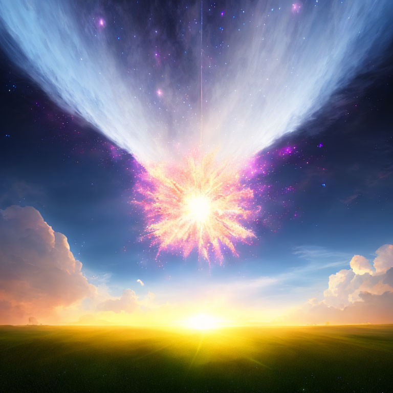 Colorful cosmic explosion over serene sunset landscape