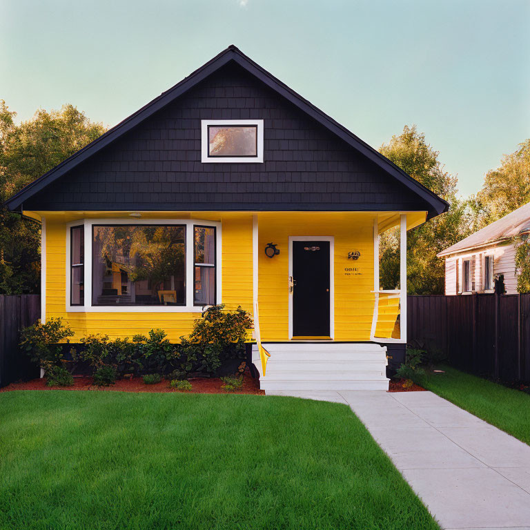 Gabled roof house with black and yellow exterior and front porch