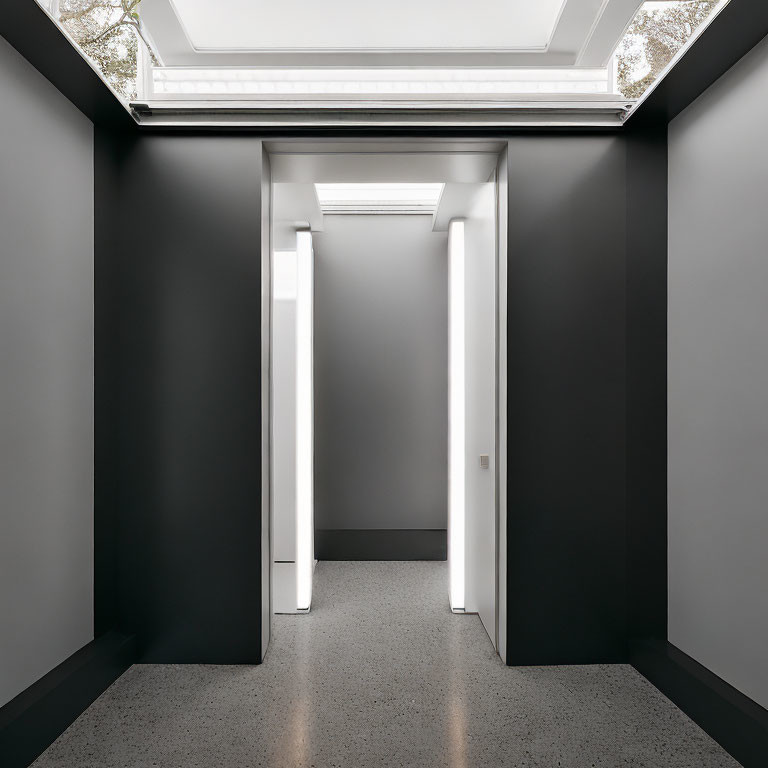 Dark-walled minimalist corridor with terrazzo floor and vertical lights leading to a bright room with skyl