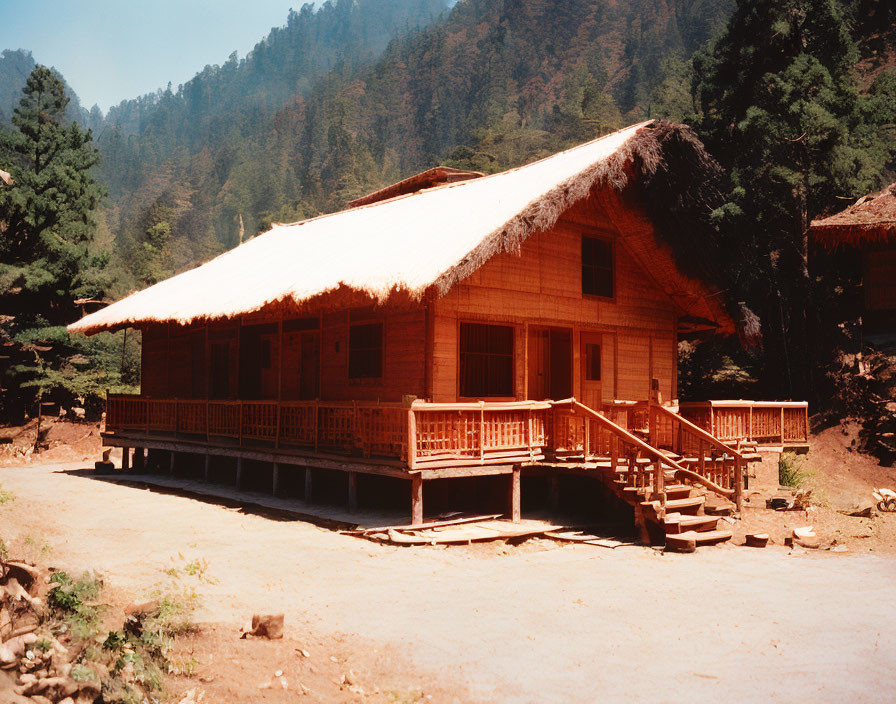 Rustic wooden house with thatched roof in mountainous setting