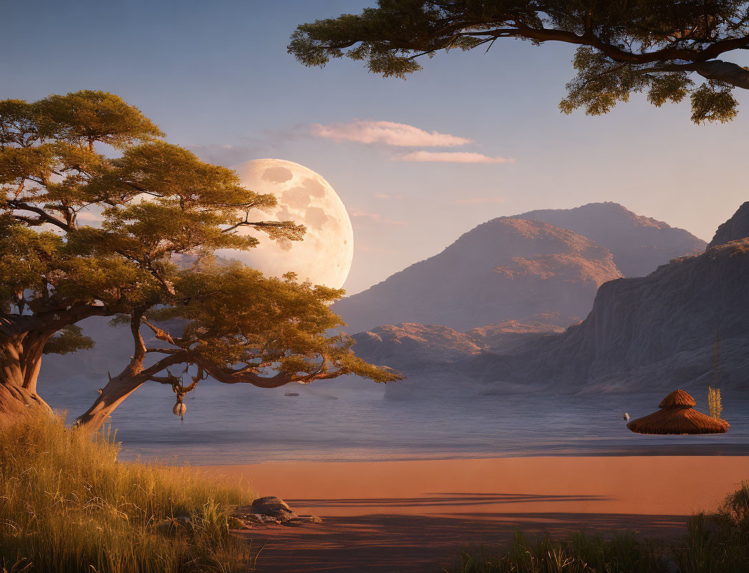 Tranquil twilight landscape with moon, mountains, tree, and hut