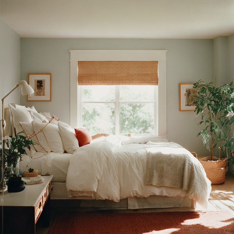 Bright Bedroom with White Bedding, Houseplants, and Lamp