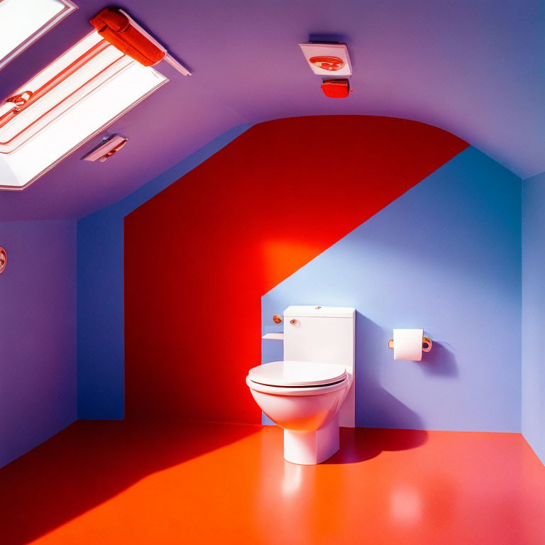 Vibrant Bathroom with Red Floor, Blue Walls, White Toilet, Orange Accents