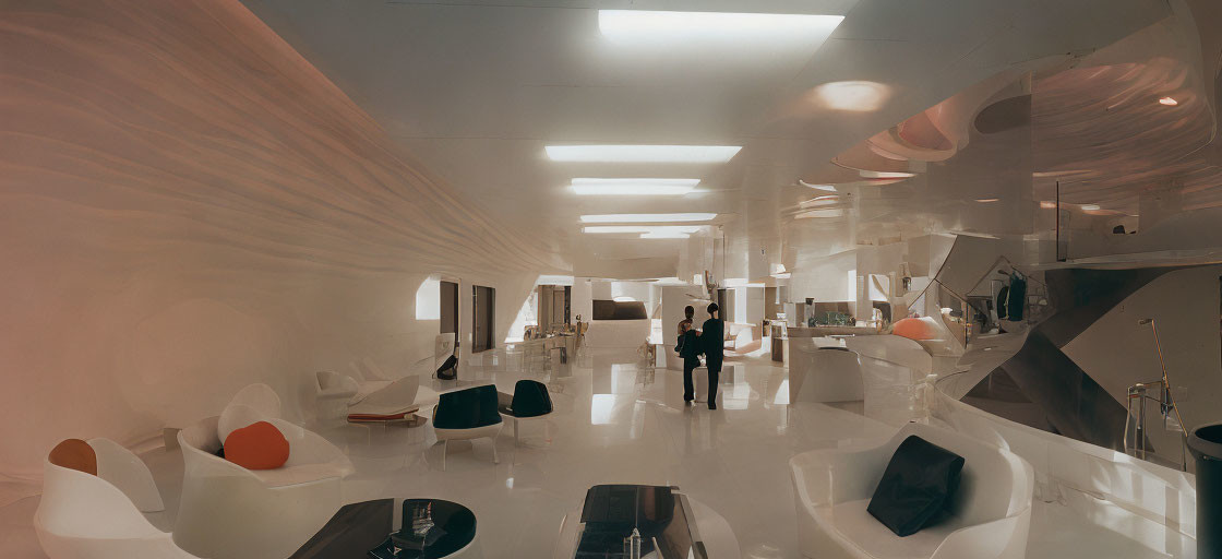 Sleek White Futuristic Interior with Two People Chatting