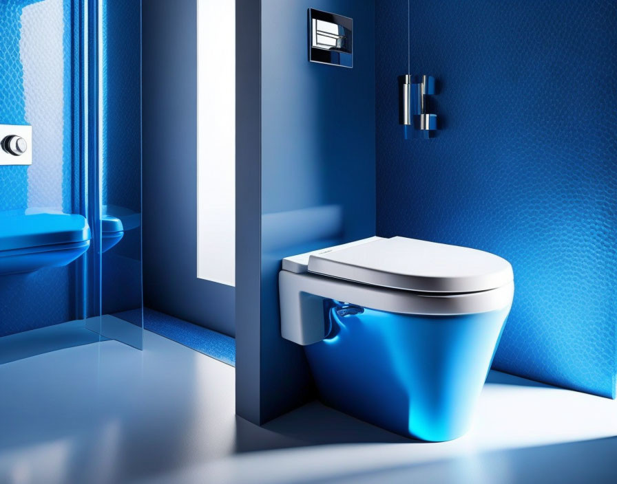 Stylish modern bathroom with wall-mounted toilet and ambient blue lighting