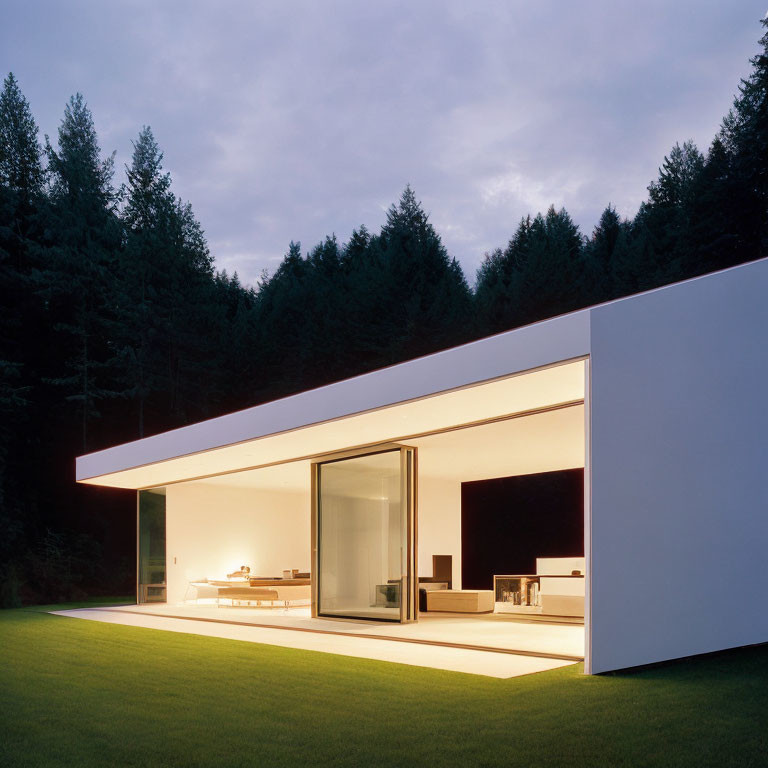 Contemporary house with large glass walls glowing in the dark forest setting