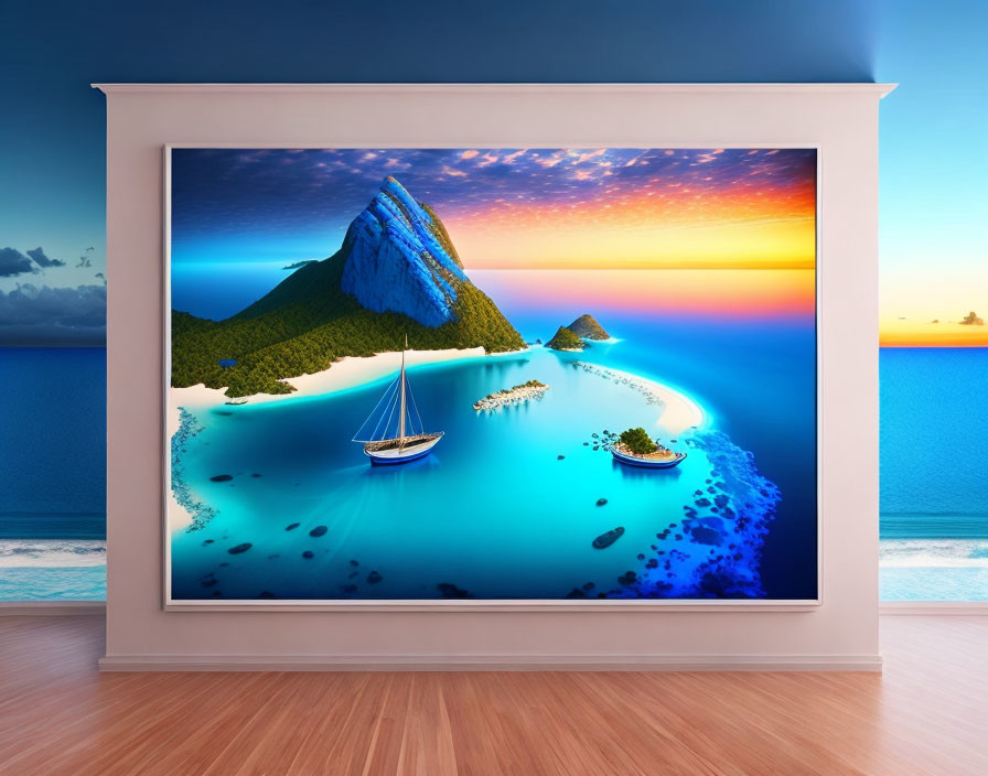 Serene tropical seascape with boat and islands on monitor in room