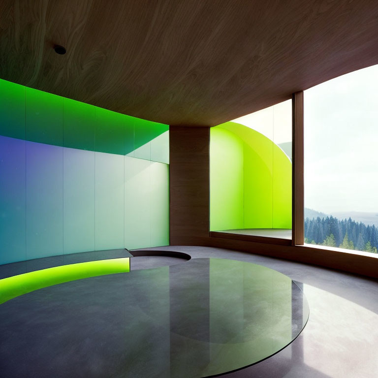 Empty modern room with curved wood-paneled walls, colorful translucent panels, glass table, forest view.