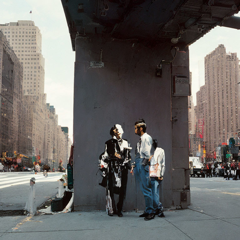 Urban setting: Two people conversing under overpass with tall buildings and busy street.