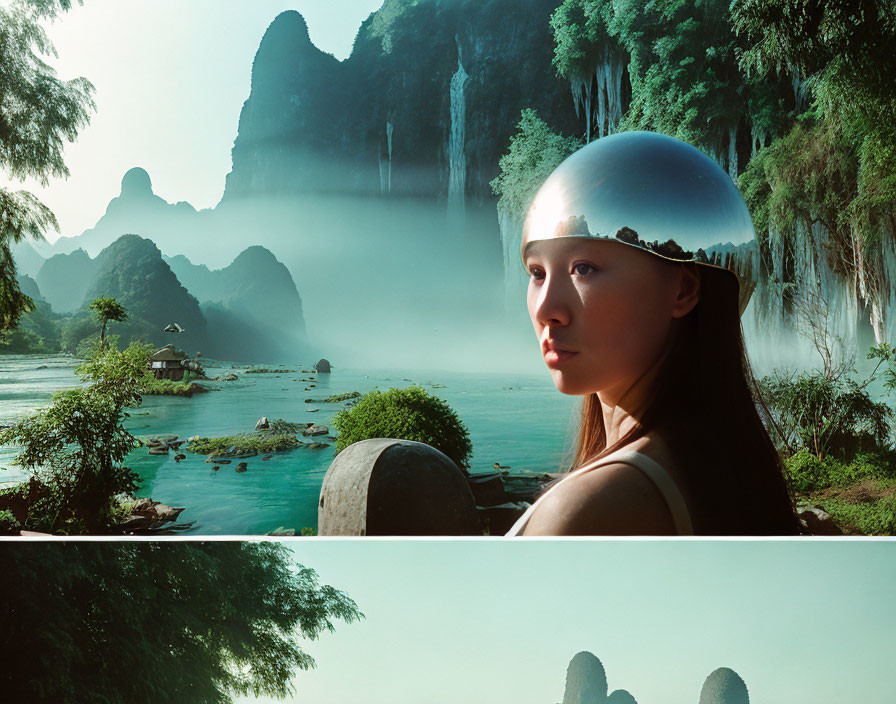 Scenic river landscape with tall cliffs and futuristic helmet close-up