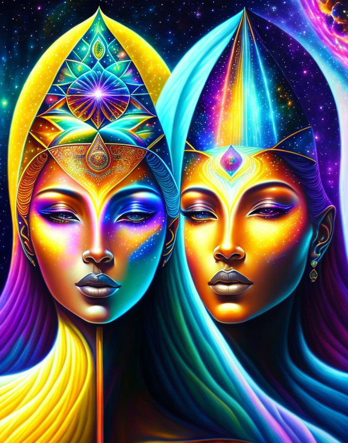 Vibrant cosmic female faces with intricate headpieces on starry background