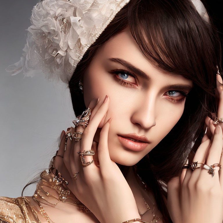 Striking woman with brown eyes, white floral headdress, and butterfly jewelry