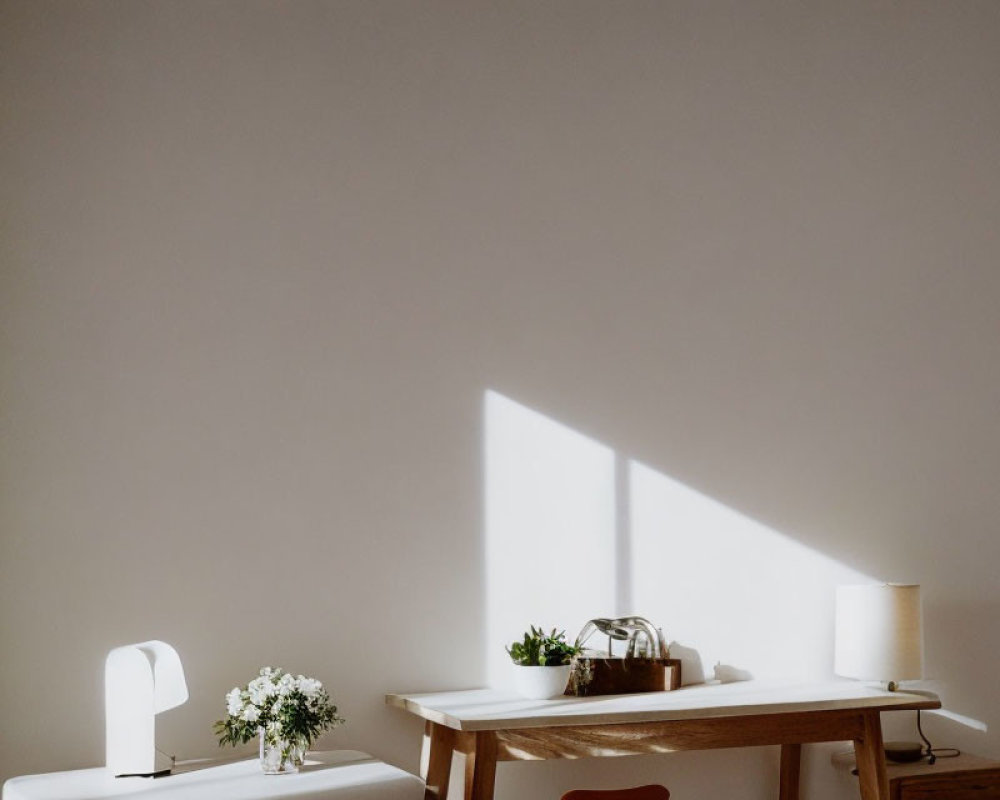 Minimalistic Room with Wooden Table, Chairs, Plants, and White Lamp in Natural Sunlight