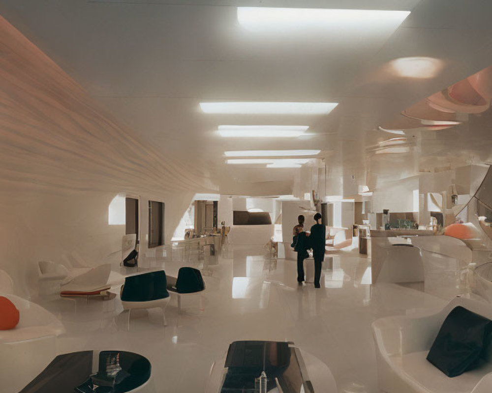 Sleek White Futuristic Interior with Two People Chatting