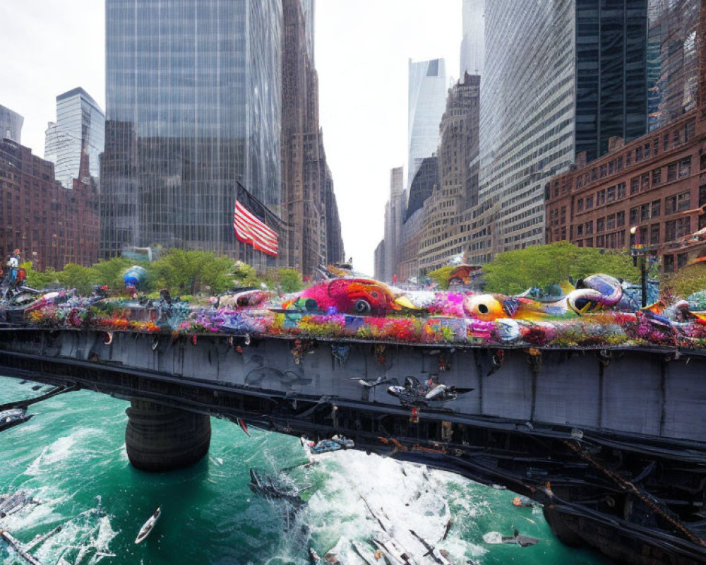 Vibrant city bridge installation with kayaks and skyscrapers under overcast sky