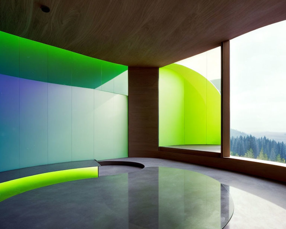 Empty modern room with curved wood-paneled walls, colorful translucent panels, glass table, forest view.