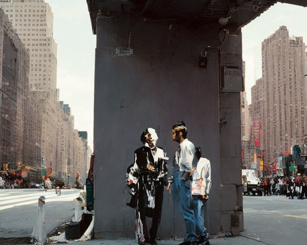 Urban setting: Two people conversing under overpass with tall buildings and busy street.