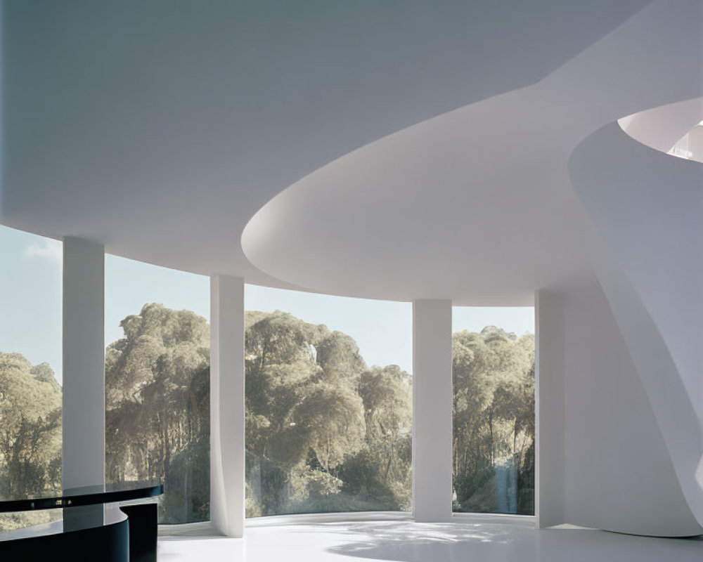 Contemporary Interior Design with Curved White Structures and Large Windows