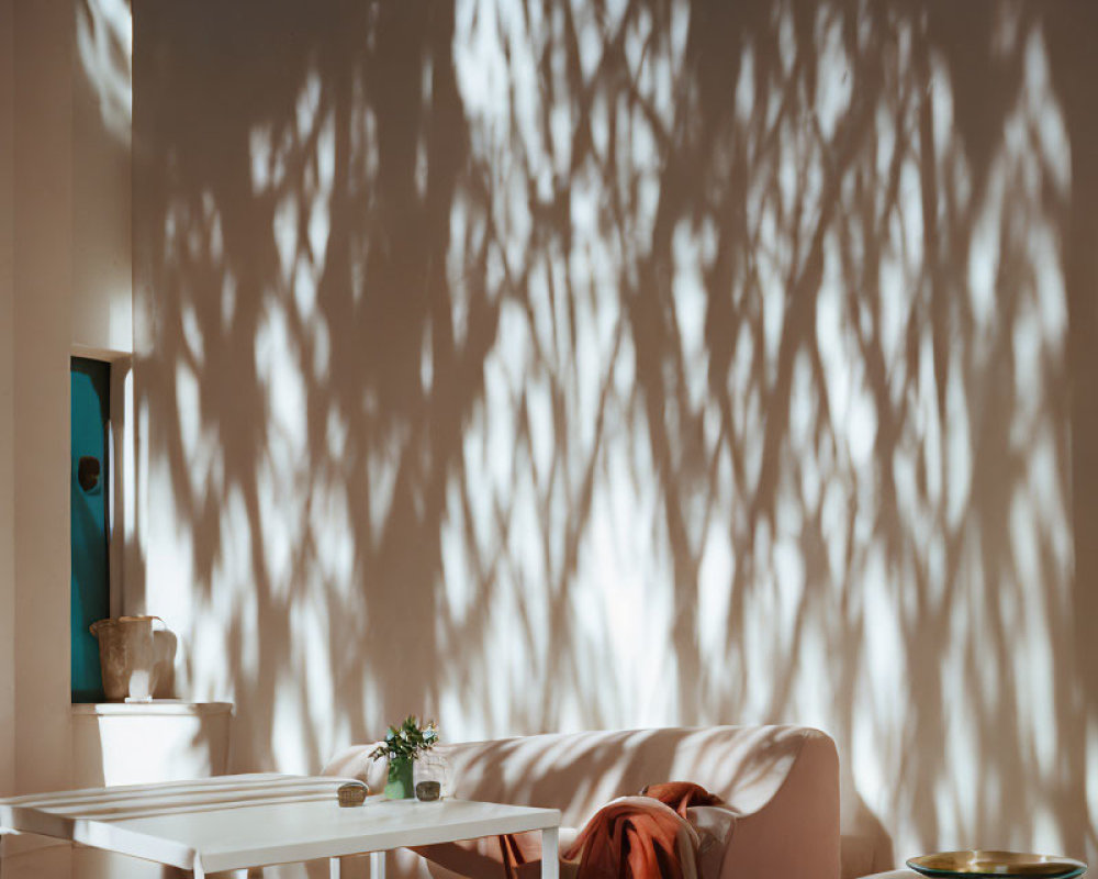 Tree shadow patterns on wall beside cozy living room setup with white sofa