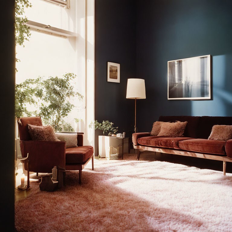 Cozy Living Room Corner with Deep Blue Walls and Plush Maroon Sofa