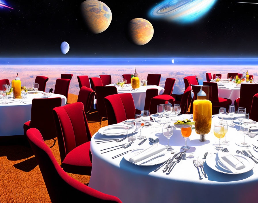 Luxurious Space-Themed Dining Setup with Red Chairs & Planetary View