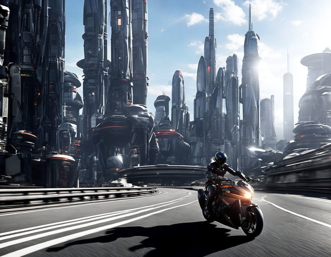 Motorcyclist riding on sunlit road amidst futuristic skyscrapers