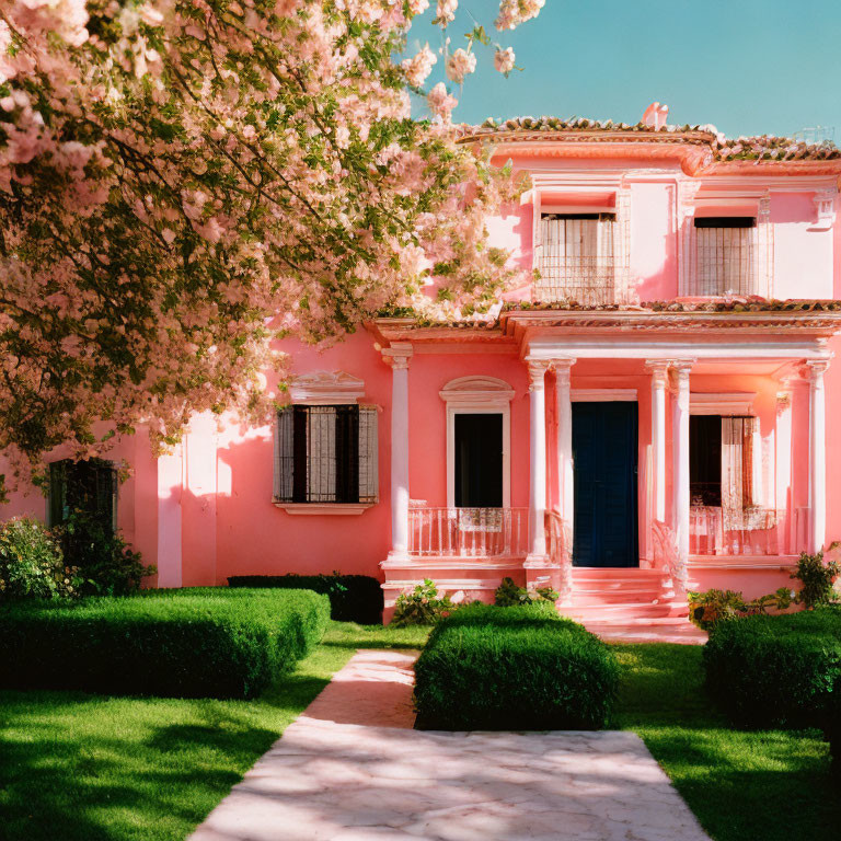 Pink House with Blue Door and Cherry Blossoms in Full Bloom