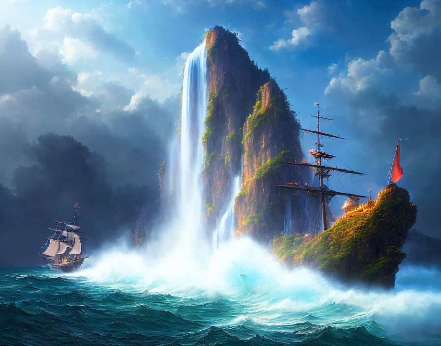 Towering Cliff Waterfall with Sailing Ship in Turbulent Sea