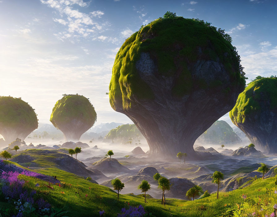 Fantasy landscape with oversized mushroom trees and mist-covered valley