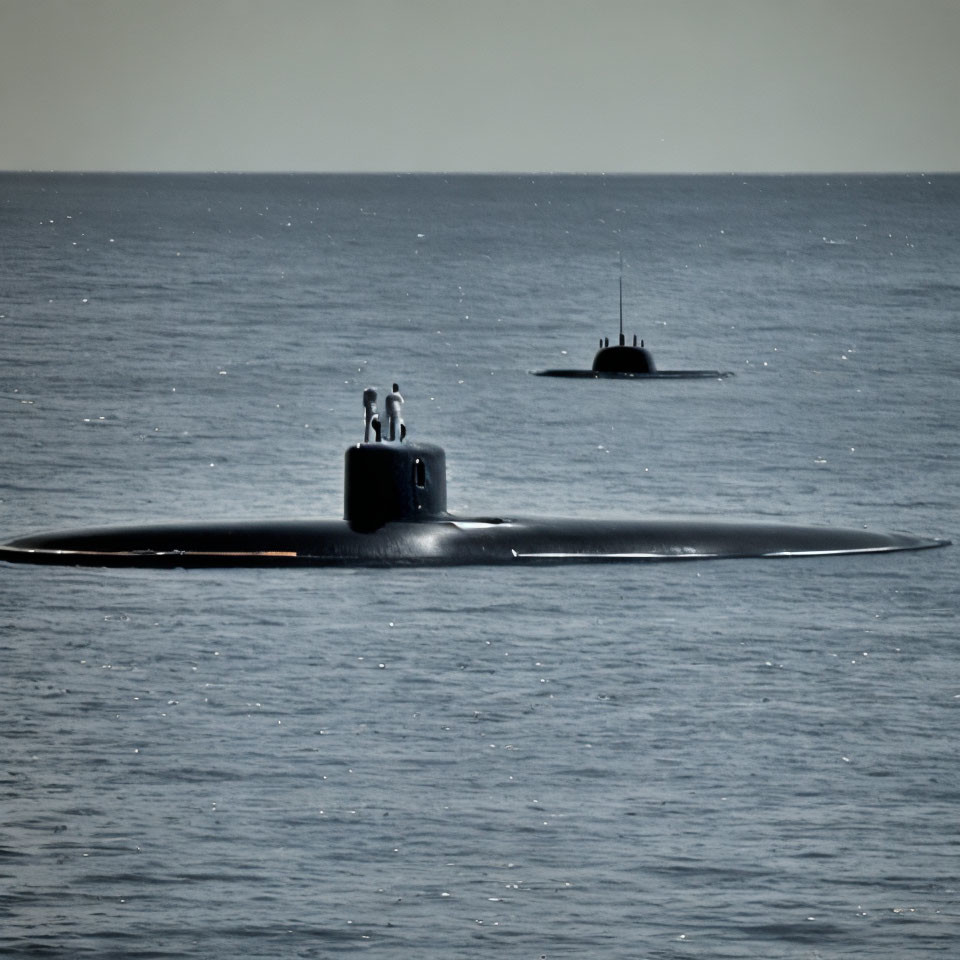 Submarines surfacing in calm seas with crew on conning tower