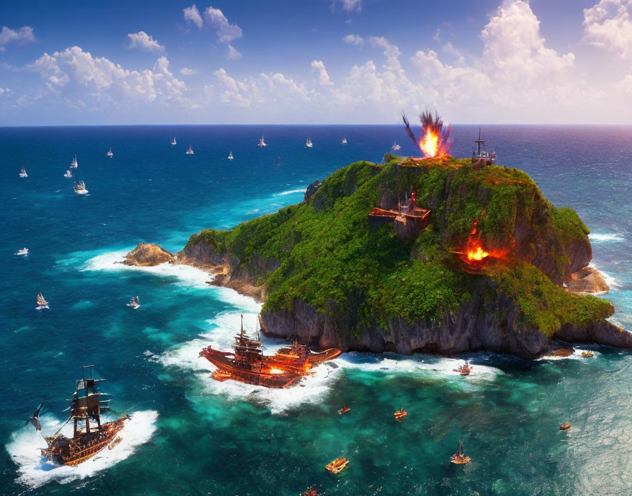 Pirate ships encircle tropical island with explosions & smoke