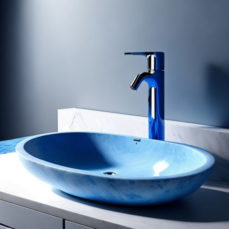 Stylish modern bathroom with blue vessel sink and silver faucet