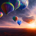 Vibrant hot air balloons in surreal sky with oversized planet and stars