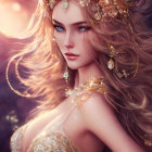 Fantasy portrait of a woman with golden hair and intricate gold jewelry