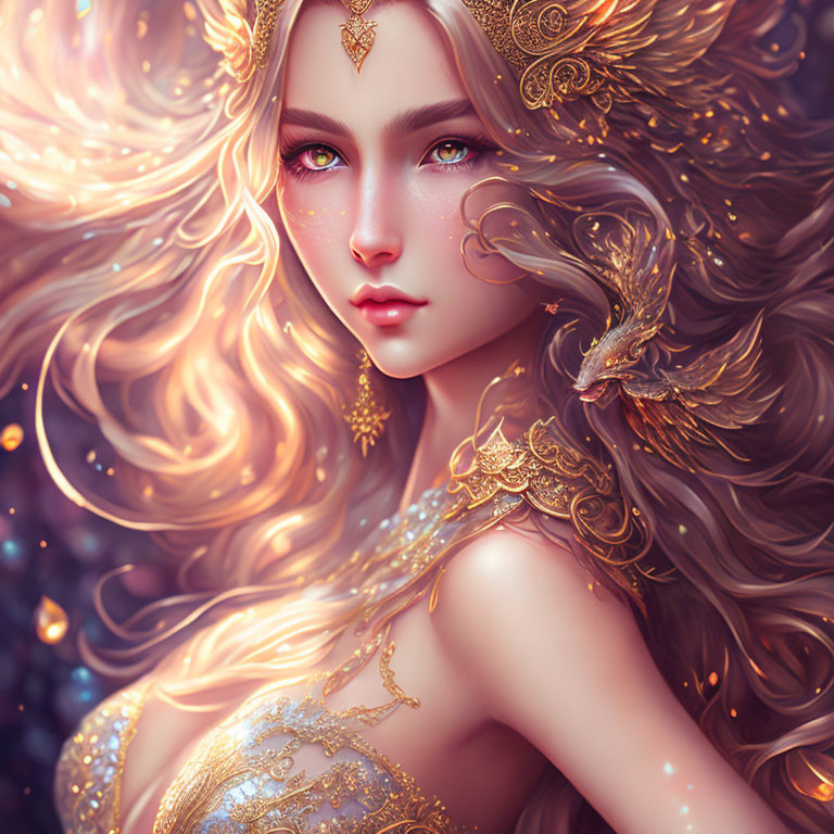 Fantasy portrait of a woman with golden hair and intricate gold jewelry