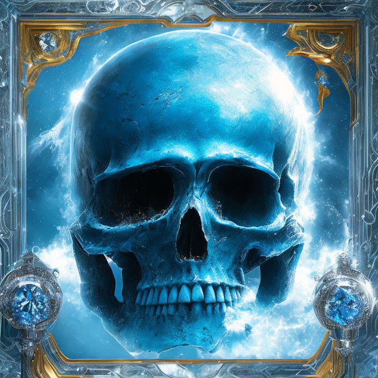 Blue-Tinted Skull in Golden Frame with Clock Mechanisms