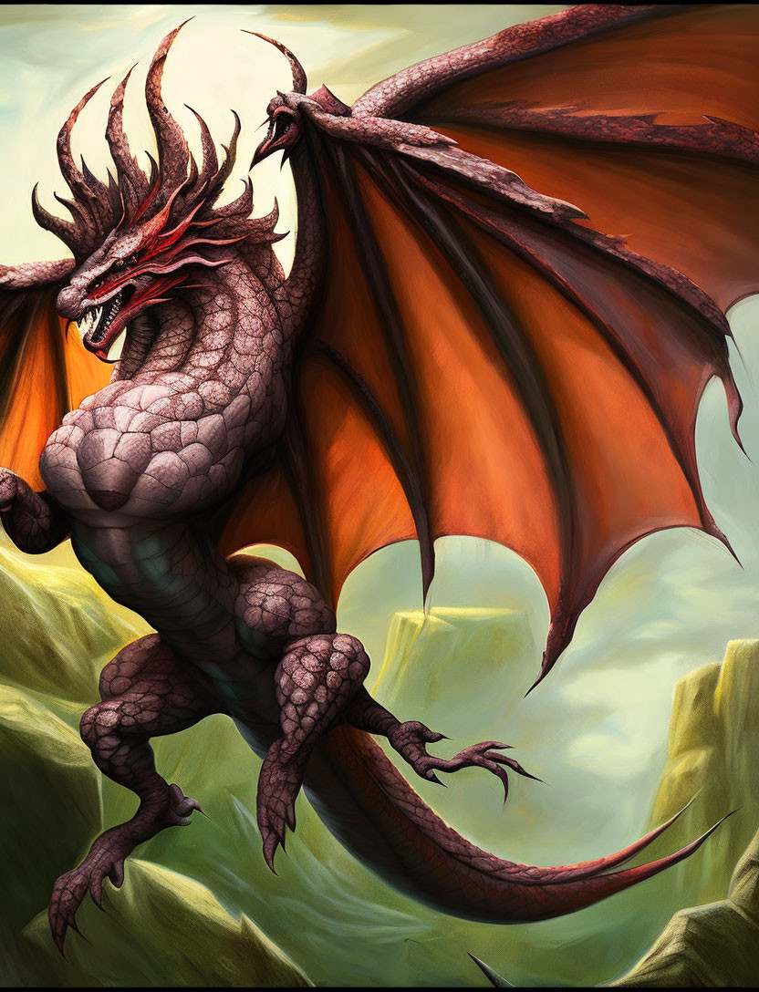 Red Dragon with Outstretched Wings Perched on Rocky Outcrop