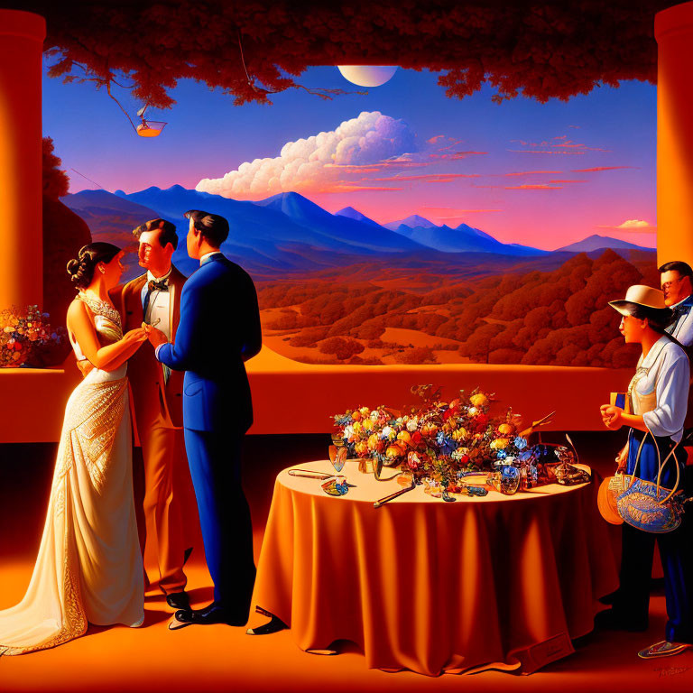 Elegantly dressed group at formal outdoor event with vibrant sunset hues and mountainous backdrop