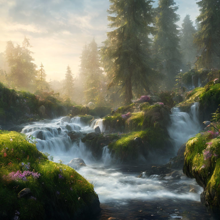 Tranquil forest scene with babbling brook, lush greenery, wildflowers & soft sunlight