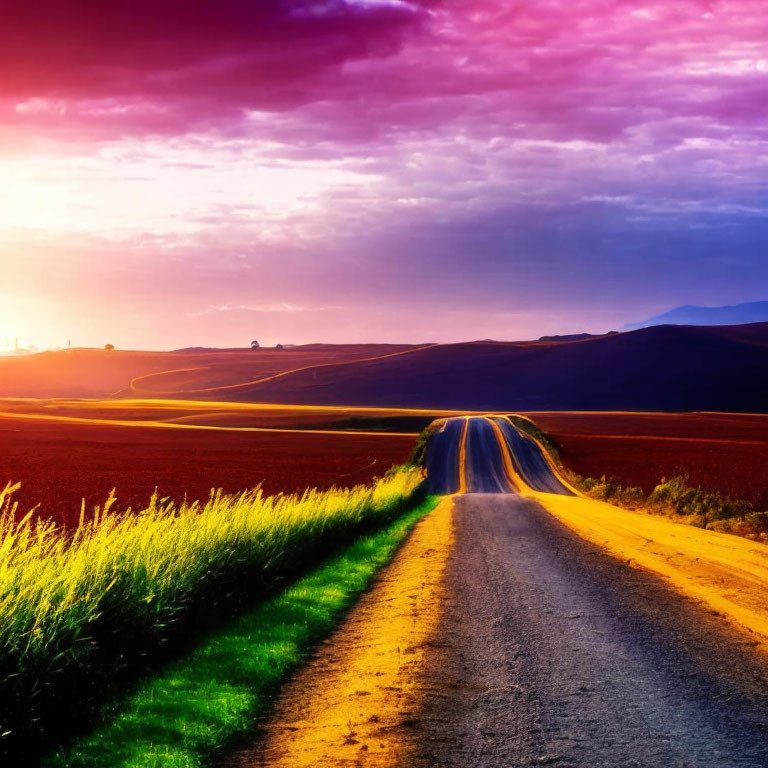 Scenic rural road at sunset with purple skies and golden light.