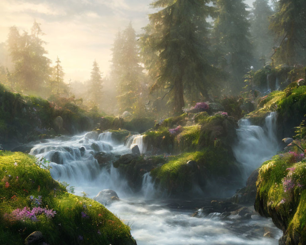 Tranquil forest scene with babbling brook, lush greenery, wildflowers & soft sunlight